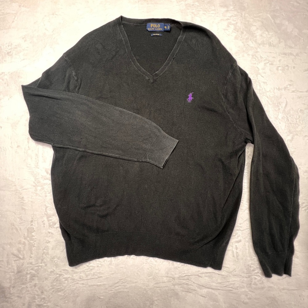 Polo Ralph Lauren V-Neck Mens XL Black Pima Cotton Purple‎ Pony Logo Sweater